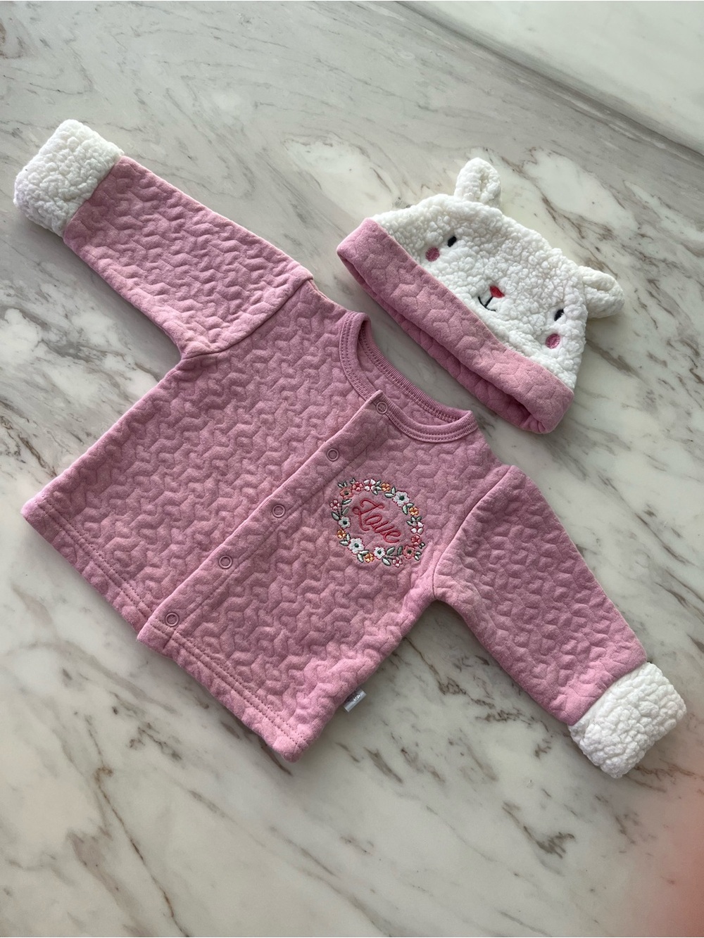 Pink Quilted Baby Cardigan with Cozy Bear Hat